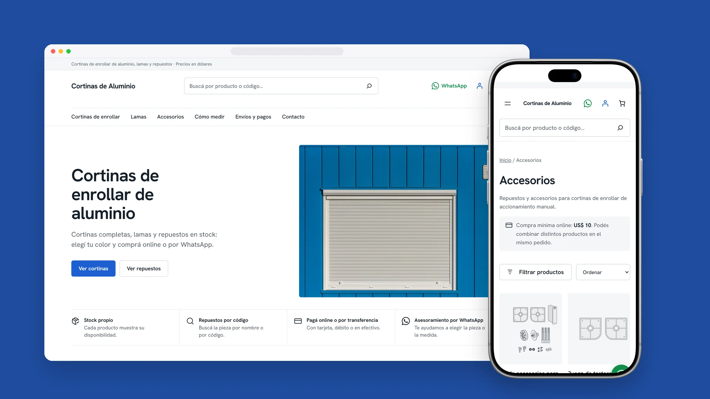 La tienda Cortinas de Aluminio en computadora y en celular: la portada «Cortinas de enrollar de aluminio» y la página de accesorios con repuestos en stock.