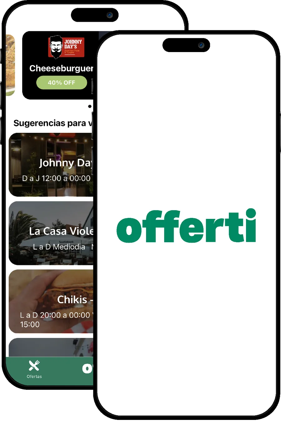 Dos pantallas de la app Offerti: lista de restaurantes con descuentos y la marca Offerti.