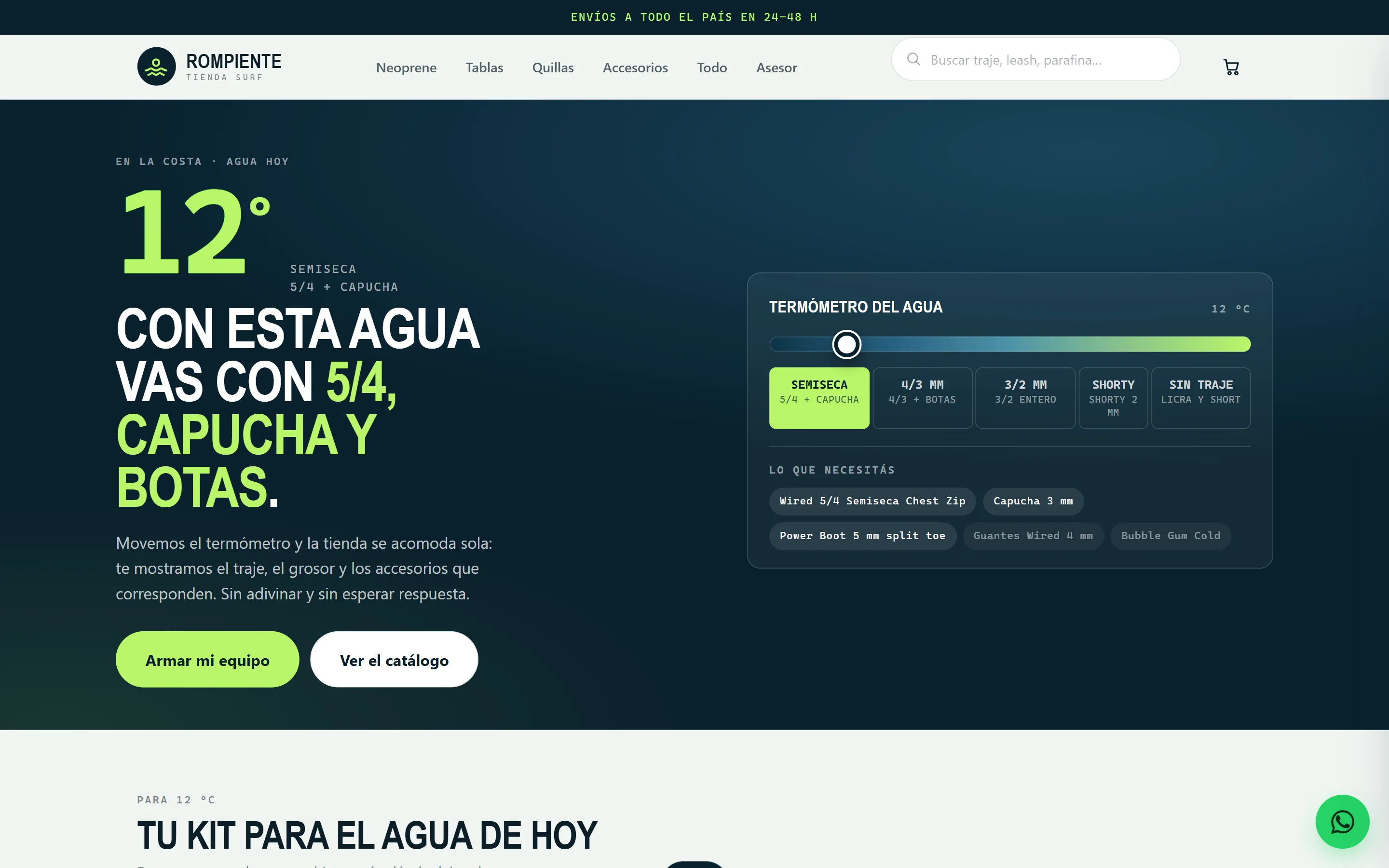 Tienda de surf Rompiente con el termómetro del agua marcando 12 grados y el traje recomendado: semiseca 5/4 con capucha y botas.