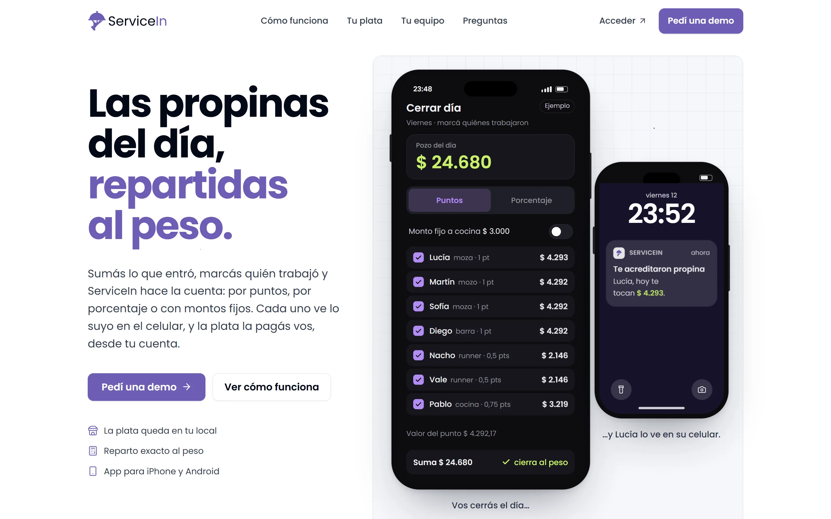 Landing de ServiceIn: «Las propinas del día, repartidas al peso», con un celular cerrando el día por puntos y otro recibiendo el aviso de la propina.